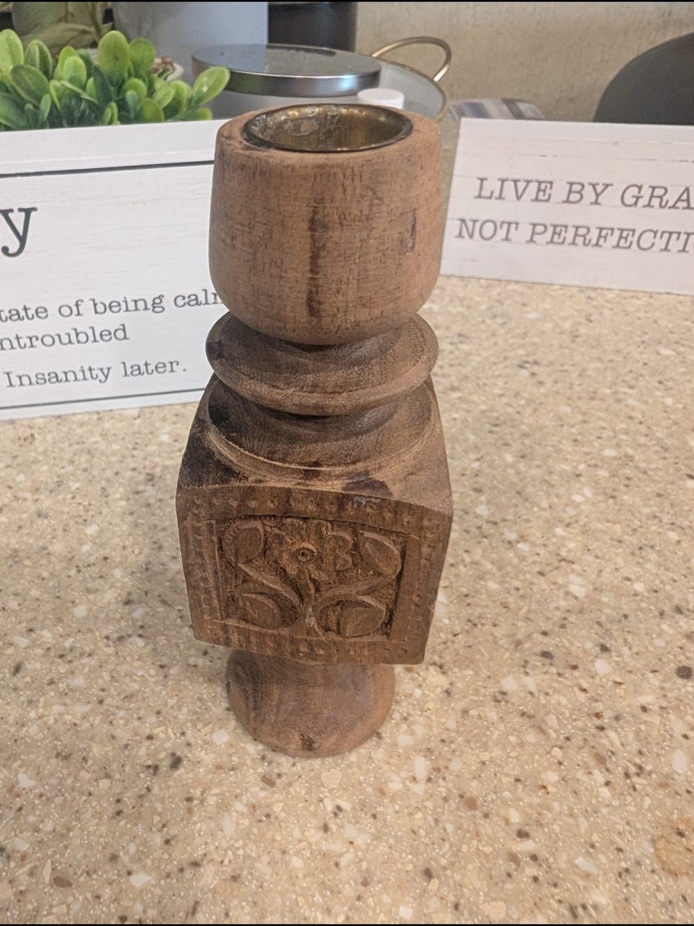 Wooden Carved Pillar Candle Holder - Natural Brown